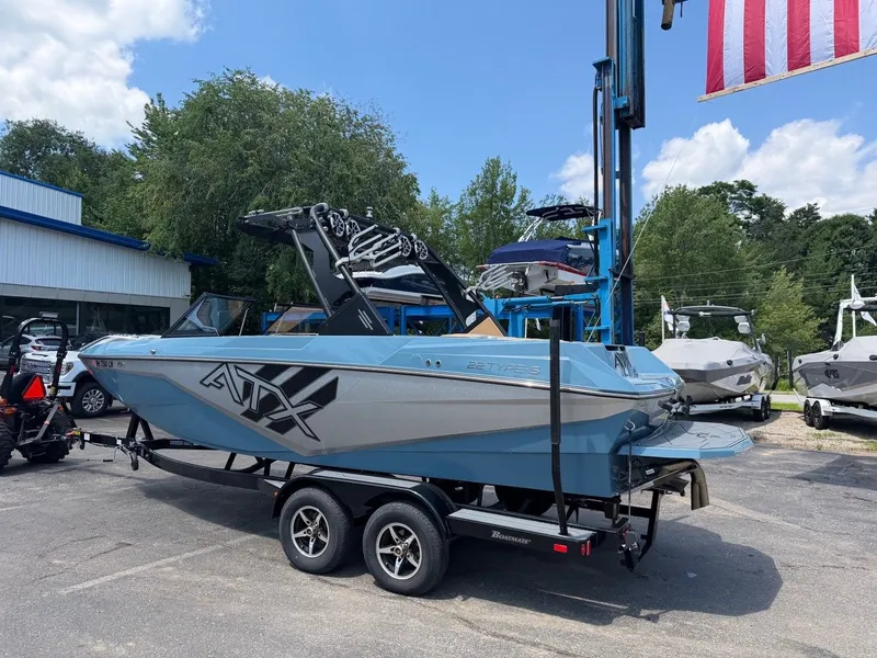 Slide: The Image of A 2021 ATX 22 Type-S boat on a trailer, surrounded by other boats. - 11