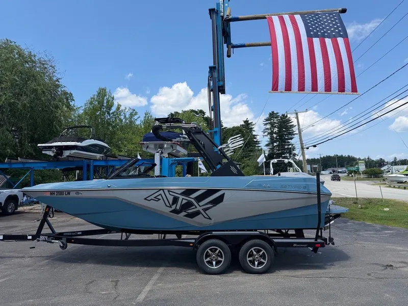 Slide: The Image of A 2021 ATX 22 Type-S boat on a trailer, with an American flag in the background. - 10