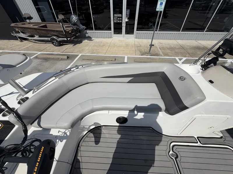 Slide: The Image of The image shows the gray upholstery of a boat seat with a modern design. - 28