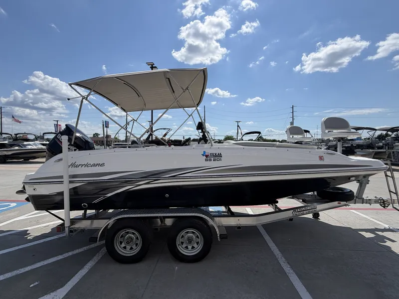 Slide: The Image of A 2018 Hurricane 201 SS boat on a trailer under a blue sky. - 7