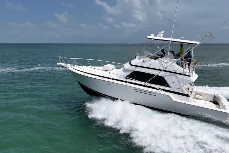 Slide: The Image of 1989 Bertram 43 Convertible yacht cruising on open water under a clear sky. - 2