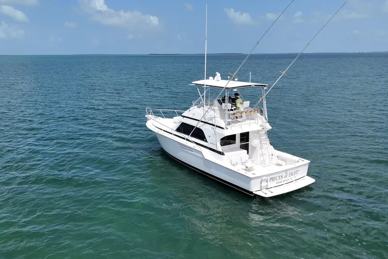 Slide: The Image of 1989 Bertram 43 Convertible yacht on open sea under clear blue sky. - 15