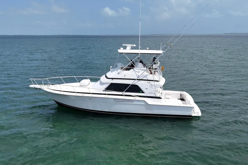 Slide: The Image of 1989 Bertram 43 Convertible yacht on open water, side view. - 14