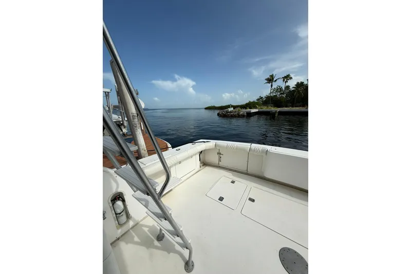 Slide: The Image of 1989 Bertram 43 Convertible boat deck with ocean view and palm trees. - 22