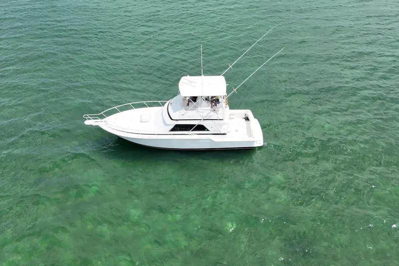 Slide: The Image of 1989 Bertram 43 Convertible yacht cruising on clear green waters. - 17