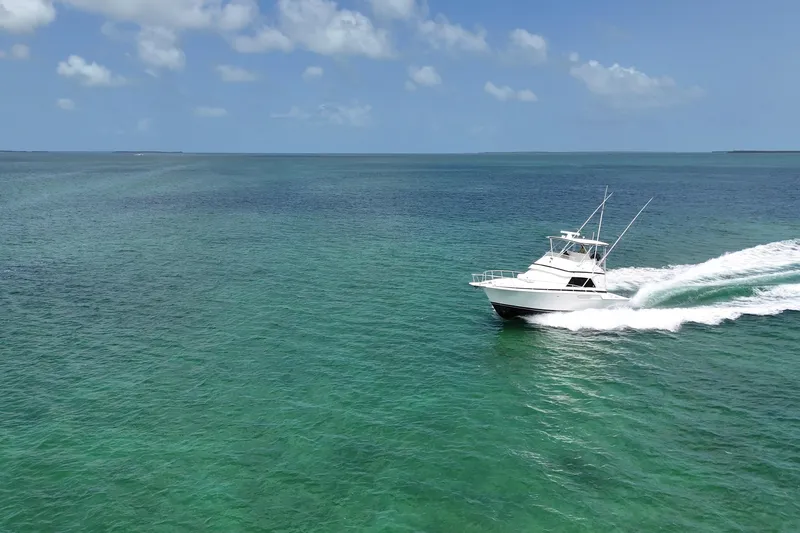 Slide: The Image of 1989 Bertram 43 Convertible cruising on clear turquoise ocean under blue sky. - 4
