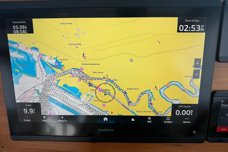 Slide: The Image of Garmin navigation display on 2024 Back Cove 372, showing Buffalo River map details. - 42