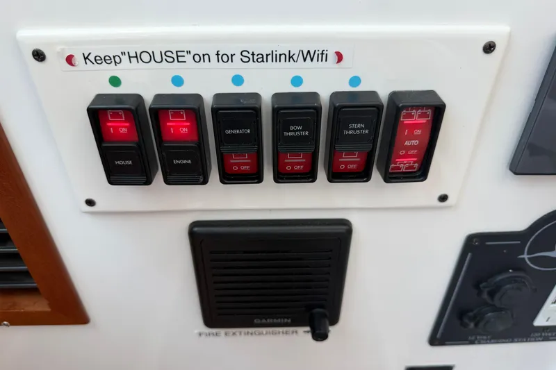 Slide: The Image of Control panel of a 2024 Back Cove 372 boat with labeled switches for various functions. - 47