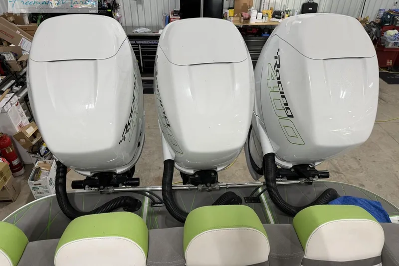 Slide: The Image of Triple Mercury Racing 400 outboard engines on a 2017 Statement 380 Open boat. - 28