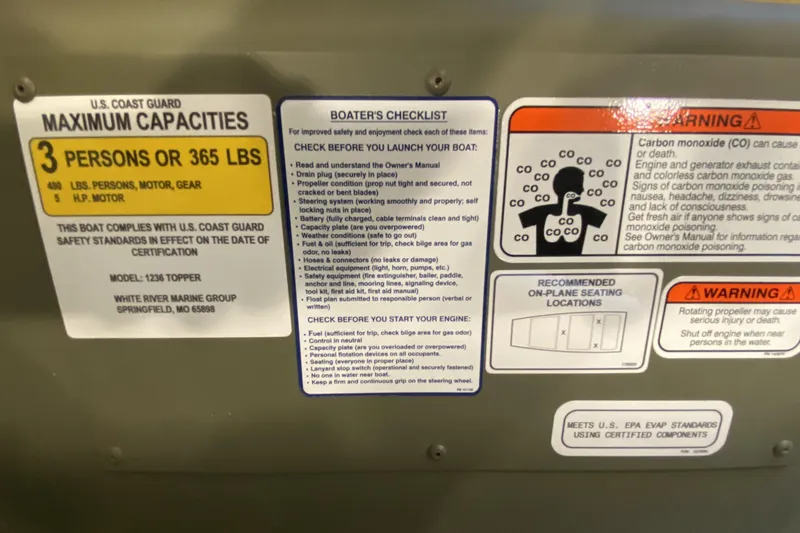 Slide: The Image of 2026 Tracker Grizzly 12 Jon boat safety labels and capacity guidelines. - 2