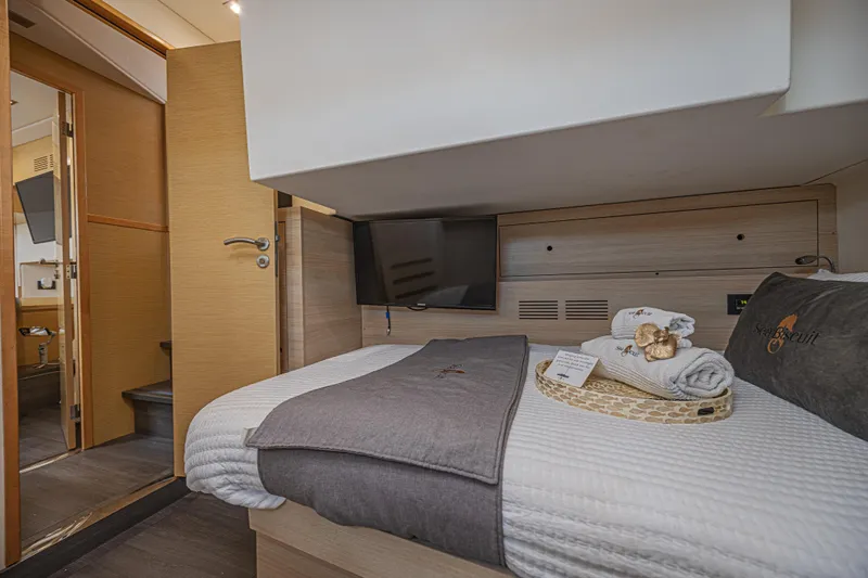Slide: The Image of Luxurious cabin interior of 2015 Fountaine Pajot Sanya 57 yacht with cozy bedding. - 29