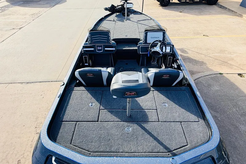 Slide: The Image of 2026 Ranger Z521 boat interior with seating, steering, and Garmin electronics on a concrete surface. - 11