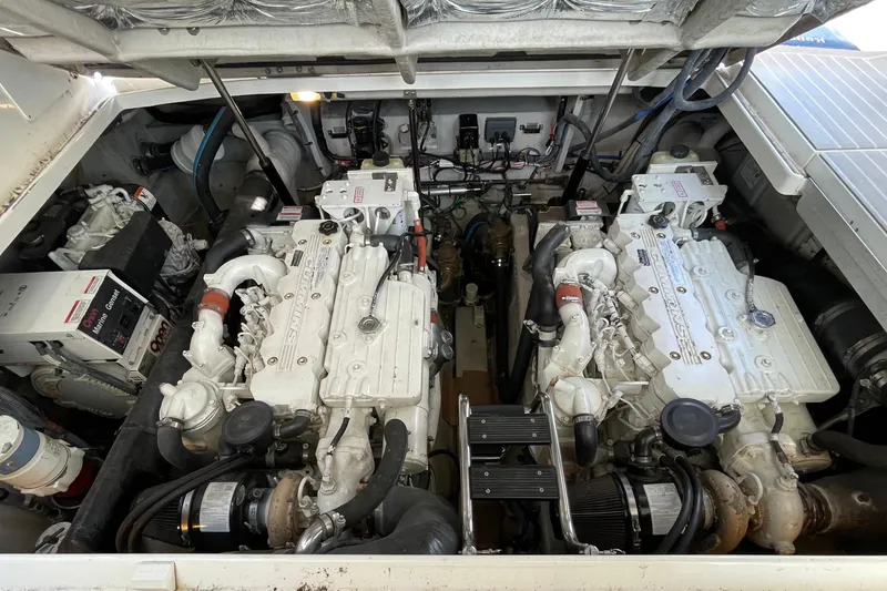 Slide: The Image of Engine room of a 2007 Sea Ray 40 Sundancer with twin diesel engines. - 39