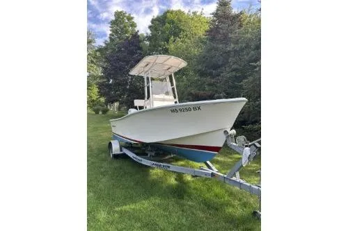 Slide: The Image of 2019 North Coast 190CC boat on trailer, parked on grass with trees in background. - 9