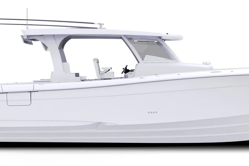 The Image of 2027 HCB 48 Campeon boat, sleek white design, side view, modern features. - 1