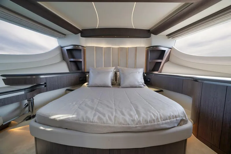 Slide: The Image of Luxurious bedroom interior of 2022 Galeon 560 Fly yacht with modern design and elegant furnishings. - 51
