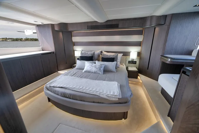 Slide: The Image of Luxurious bedroom interior of 2022 Galeon 560 Fly yacht with modern design and elegant furnishings. - 57