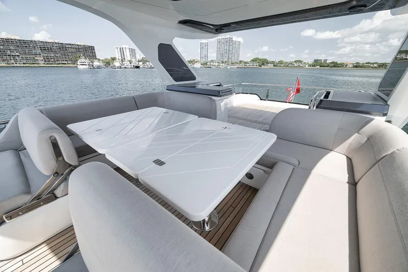 Slide: The Image of Luxurious seating area on 2022 Galeon 560 Fly yacht with waterfront view. - 72