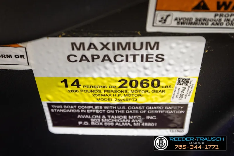 Slide: The Image of 2024 Avalon CAT VRB boat capacity label: 14 persons, 2060 lbs, 250 HP motor. - 63