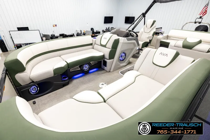 Slide: The Image of Luxurious interior of 2024 Avalon CAT VRB pontoon boat with plush seating and modern design. - 10