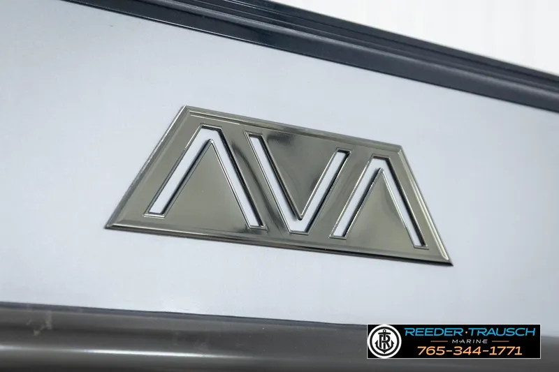 Slide: The Image of 2024 Avalon CAT VRB logo on a sleek metallic surface, featuring Reeder Trausch Marine contact details. - 60