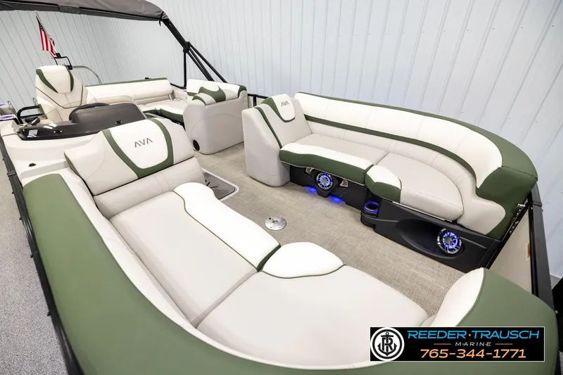 Slide: The Image of Luxurious interior of 2024 Avalon CAT VRB pontoon boat with plush seating and modern design. - 9