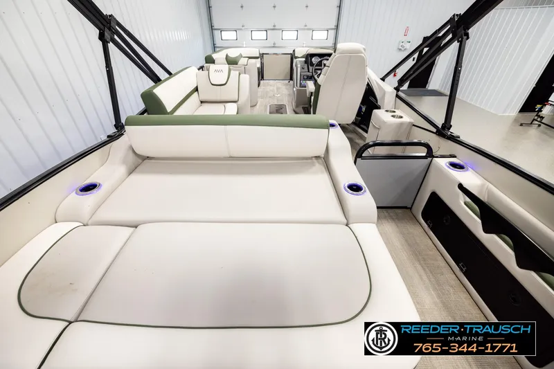 Slide: The Image of Luxurious 2024 Avalon CAT VRB boat interior with plush seating and modern design. - 16