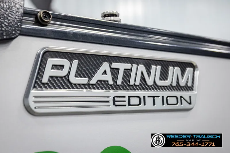 Slide: The Image of 2024 Avalon CAT VRB Platinum Edition badge with Reeder Trausch Marine contact details. - 59