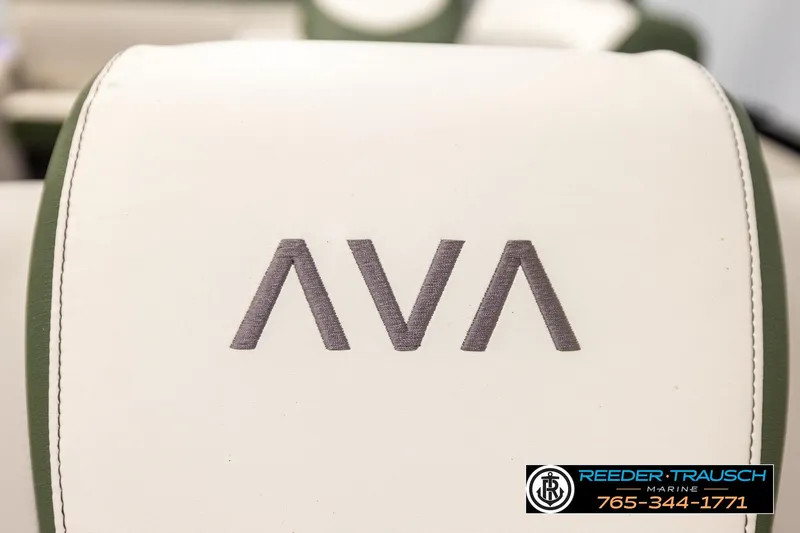 Slide: The Image of 2024 Avalon CAT VRB seat with "AVA" logo, featuring green and white upholstery. - 44