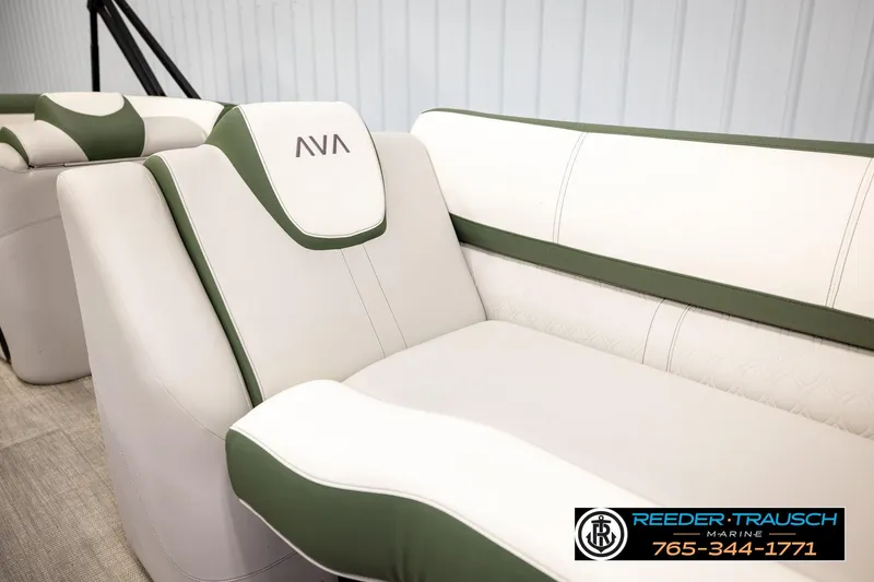 Slide: The Image of Luxurious 2024 Avalon CAT VRB boat seating with green accents, showcased by Reeder Trausch Marine. - 43