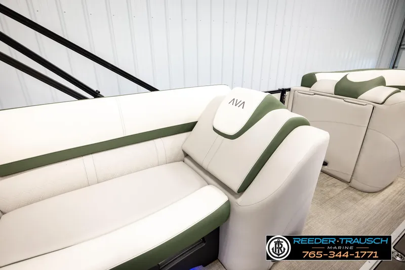 Slide: The Image of Luxurious seating in 2024 Avalon CAT VRB boat with green and white upholstery. - 22