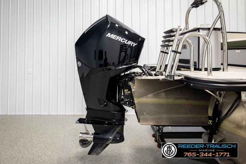 Slide: The Image of 2024 Avalon CAT VRB boat with Mercury outboard motor in showroom. - 50