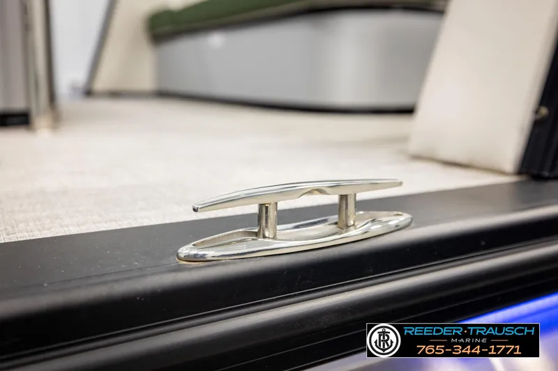 Slide: The Image of 2024 Avalon CAT VRB boat cleat detail with Reeder-Trausch Marine contact information. - 62