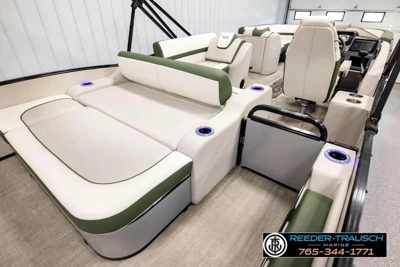 Slide: The Image of 2024 Avalon CAT VRB boat interior with plush seating and modern design. - 12