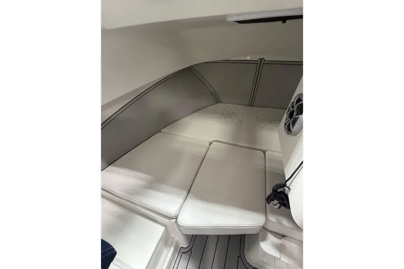 Slide: The Image of Interior cabin of 2027 Parker 227 Explorer boat with cushioned seating. - 11