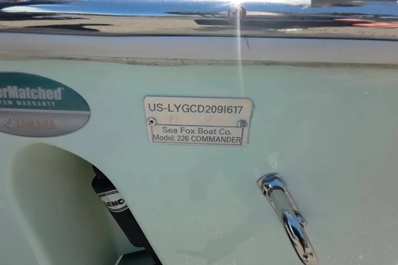 Slide: The Image of 2017 Sea Fox 226 Commander boat identification plate with warranty sticker. - 43