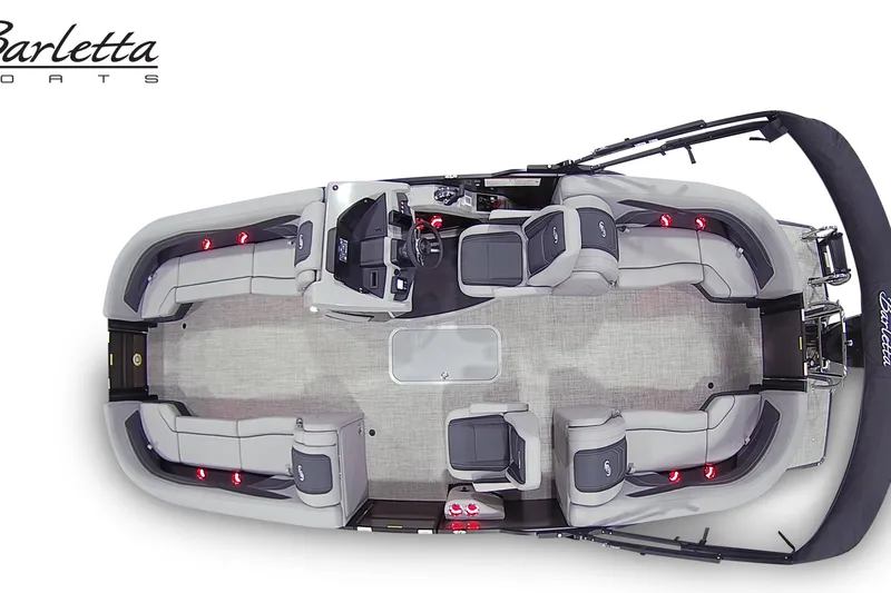 Slide: The Image of 2027 Barletta C24QC pontoon boat, top view, showcasing spacious seating and modern design. - 7