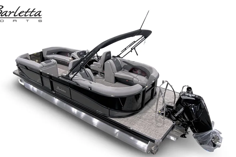 Slide: The Image of 2027 Barletta C24QC pontoon boat with sleek design and modern features. - 2