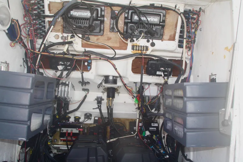 Slide: The Image of Electrical system of a 1996 Marlago 35 boat with Raymarine equipment and organized wiring. - 11