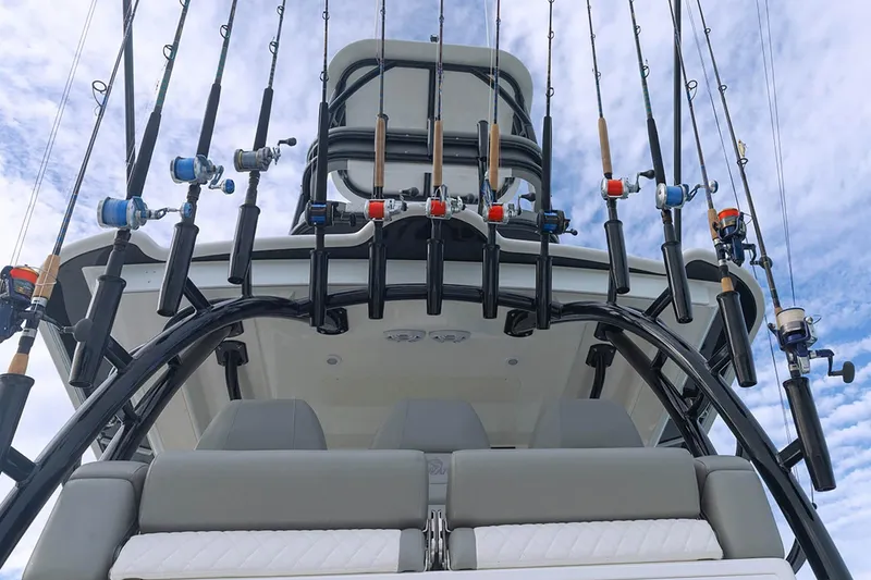 Slide: The Image of Fishing rods on a 2027 Regulator 41 boat against a cloudy sky backdrop. - 13
