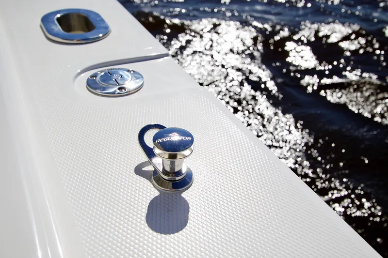 Slide: The Image of 2027 Regulator 41 boat detail with chrome fittings and textured surface by water. - 6