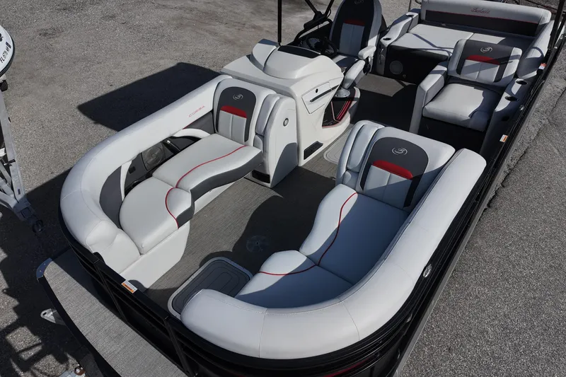 Slide: The Image of 2022 Barletta Corsa 23U pontoon boat interior with stylish seating and modern design. - 7