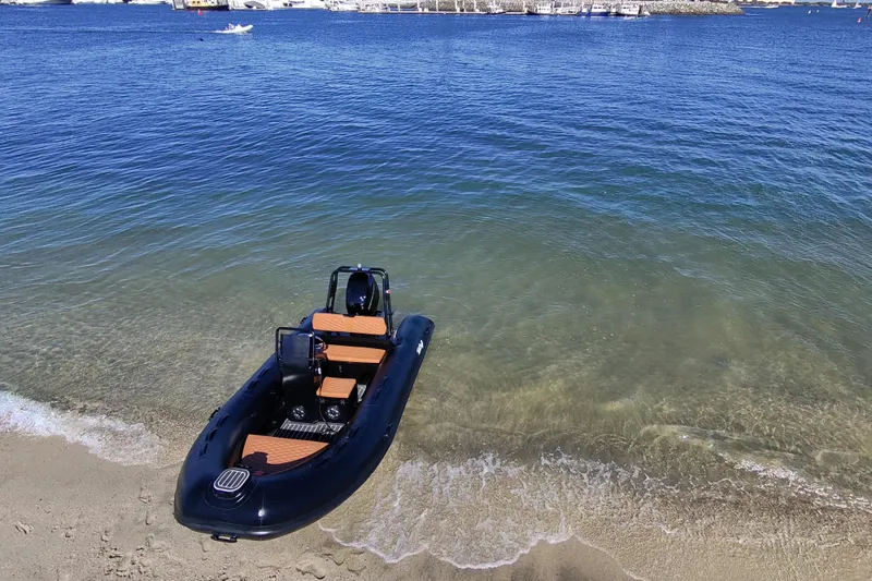 The Image of Custom Black & Tan Catalina 13 boat by Tide Craft, 2026, on sandy beach with clear blue water. - 0