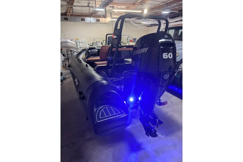 Slide: The Image of 2026 Tide Craft Custom Black & Tan Catalina 13 boat with Mercury 60 engine in a garage. - 8