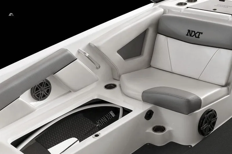 Slide: The Image of Manufacturer Provided Image: 2017 MasterCraft NXT22 boat interior with gray and white seating. - 5