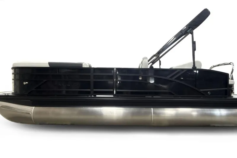 Slide: The Image of 2026 Bennington 22 S-One Swingback pontoon boat, side view, sleek black design. - 4