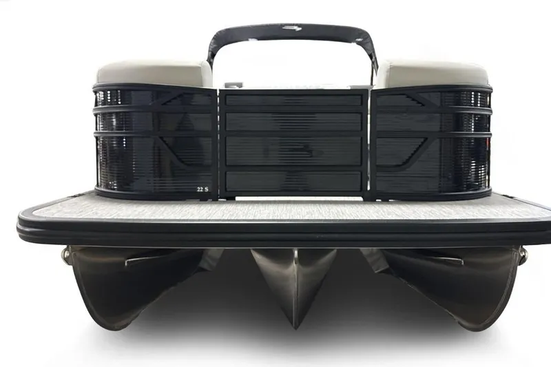 Slide: The Image of 2026 Bennington 22 S-One Swingback pontoon boat, front view, sleek design. - 2