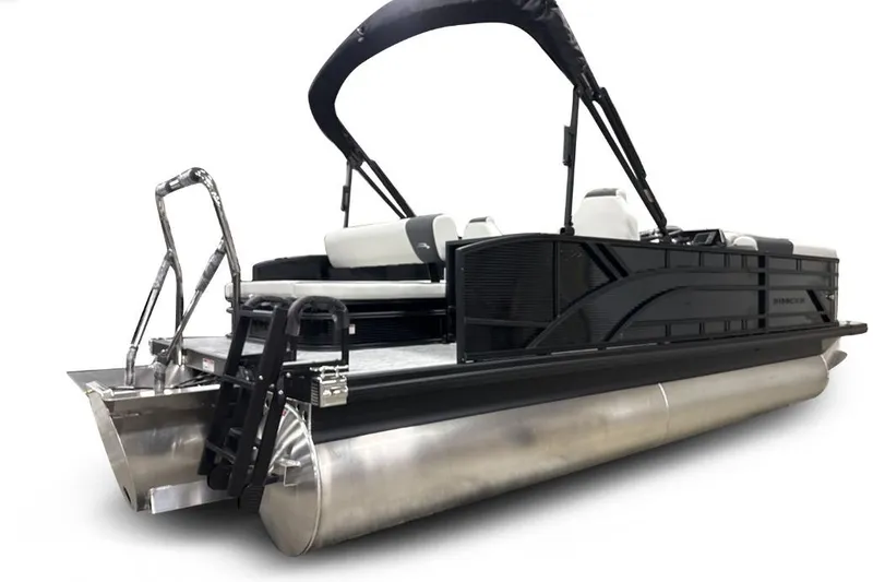 Slide: The Image of 2026 Bennington 22 S-One Swingback pontoon boat with sleek black design and modern seating. - 7
