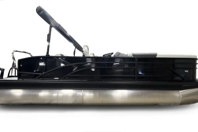 Slide: The Image of 2026 Bennington 22 S-One Swingback pontoon boat, side view, sleek black design. - 1