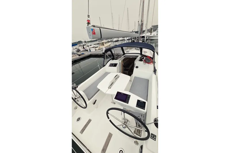 Slide: The Image of Beneteau Oceanis 30.1 sailboat cockpit, 2022 model, featuring dual steering wheels and modern design. - 14